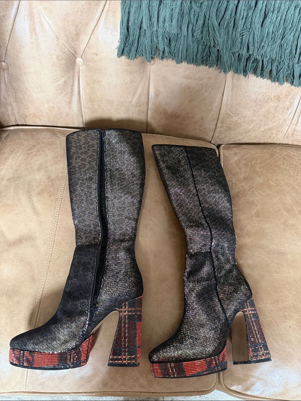 Betsey Johnson Valeria Black Metallic Knee-High Boots with Plaid Platform Heel
